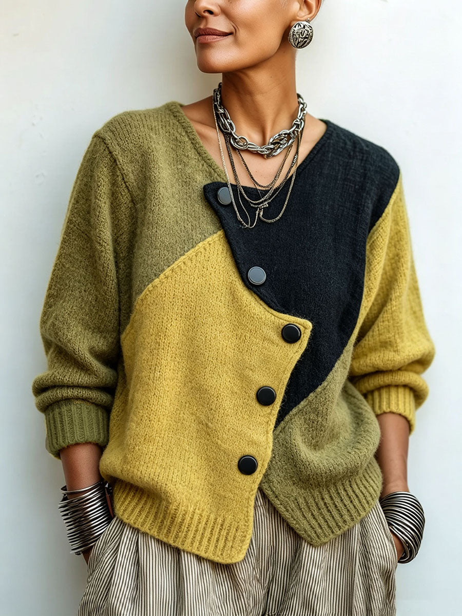 Pull en Maille Asymétrique Douillet à Blocs de Couleurs Artistiques